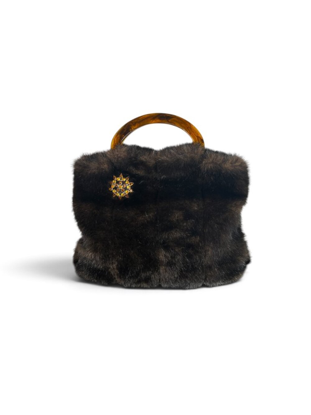 Isabella's Journey Brown Faux Fur Y2K Handbag Rhinestone Tortoise Handle